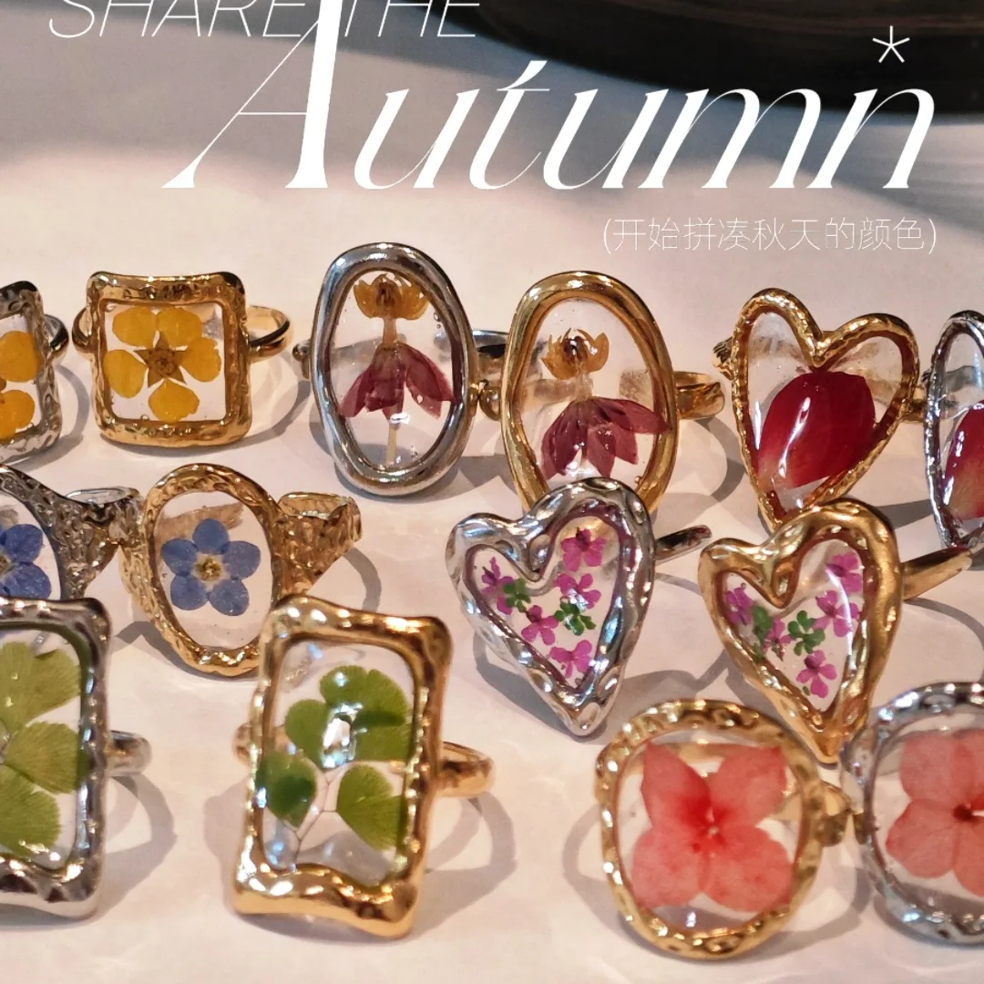 

3346 Wholesale Handmade Real Dried Flower Plant Stainless Steel Ring Trendy Titanium Steel Ring Creative Christmas Birthday Gift