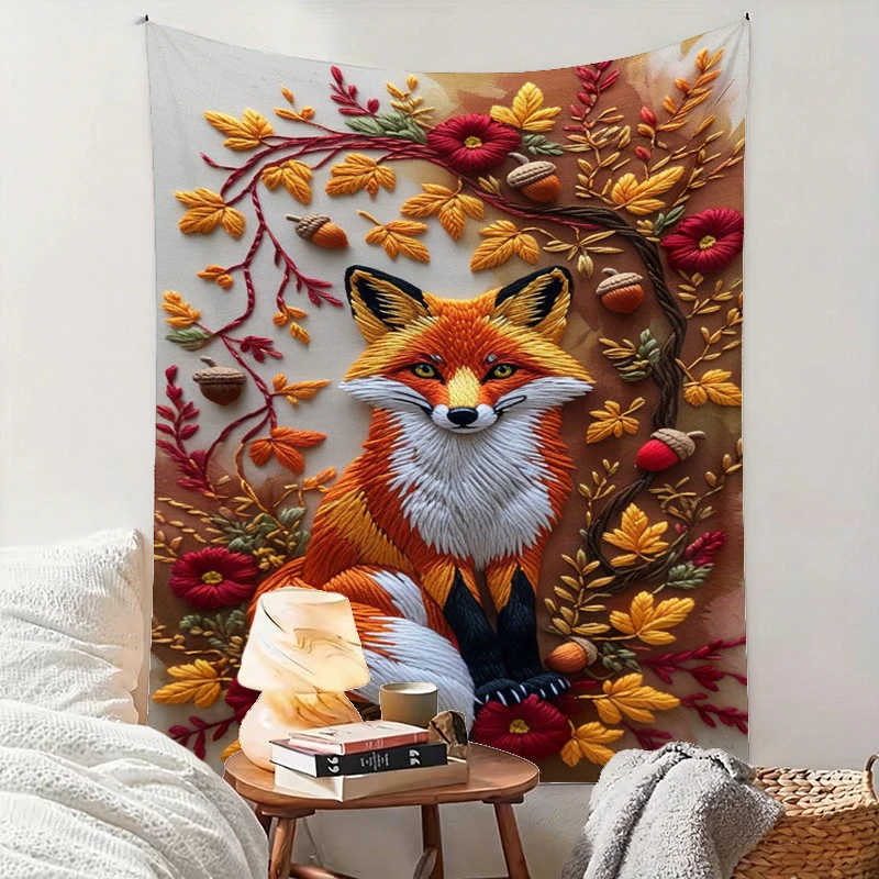 1PC Fox Embroidery Art Print Backdrop Banner, Bedroom Living Room Photo Background, Polyester, Home Decor, Wall Art