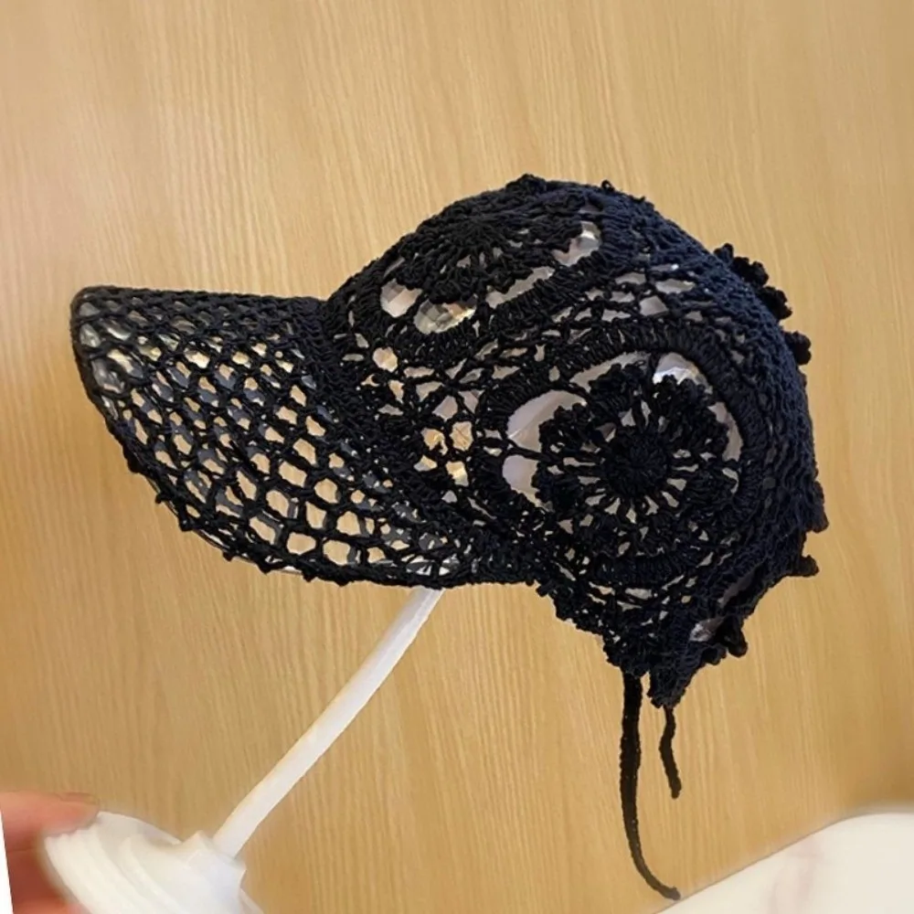 Casual Adjustable Crochet Baseball Cap Polyester Floral Lace Sun Hat Openwork Breathable Mesh Peaked Cap Spring Summer