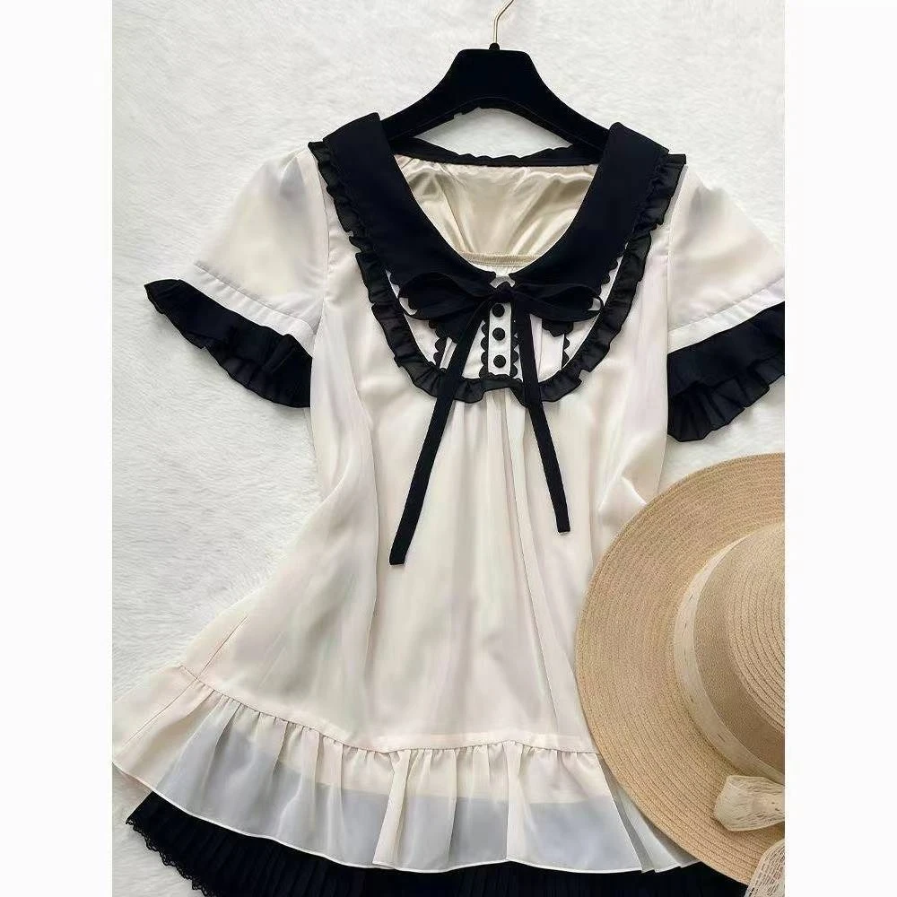 Women Fairy Grunge Spliced Blouse Japanese Harajuku Y2K Elegant Sweet Fluffy Ruffle Fashion Tops Casual Korean Holiday Clothing