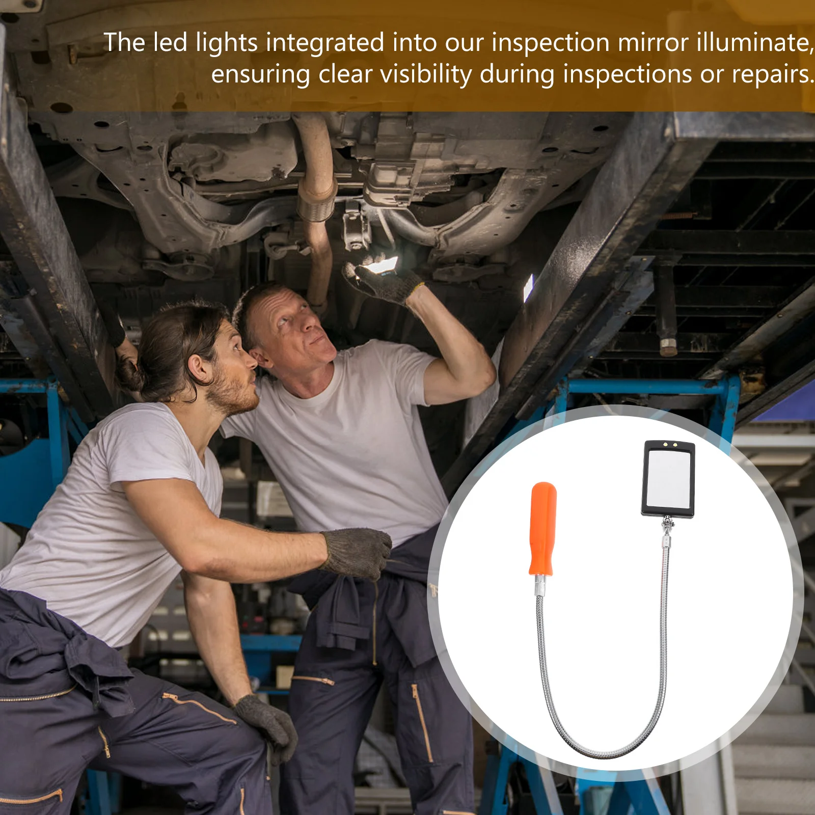 กระจกตรวจสอบแบบหมุนได้ 360 องศา ไฟ LED แบบยืดหยุ่น ทำจากสแตนเลส สำหรับซ่อมรถยนต์ เครื่องมือช่างยืดงอได้ มองเห็นได้ชัดเจน