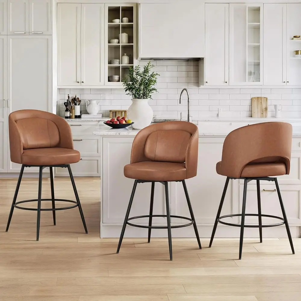 

Набор из 3 поворотных барных стульев высотой 26 дюймов с спинками, поясничной поддержкой, черным металлическим каркасом, обивкой из искусственной кожи, коричневый