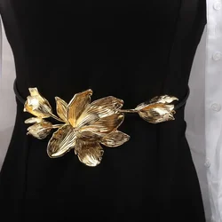 Stylish vintage goldcolor tulip flower belt Women's personality exaggerated black leather rope skirt pants decorated waist chain
