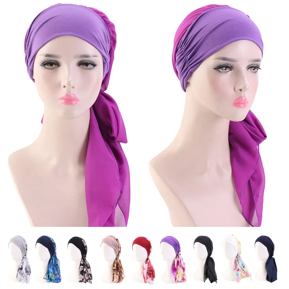 

Women Muslim Hijab Cancer Chemo Flower Print Hat Turban Cap Cover Hair Loss Head Scarf Wrap Pre-Tied Headwear Strech Bandana New