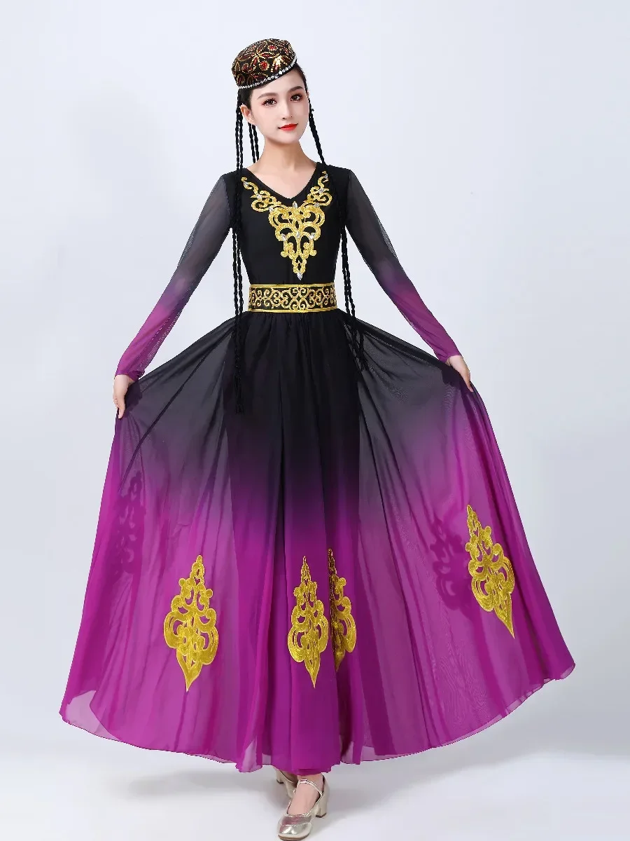 Tradycyjny chiński strój do tańca ludowego, orientalny styl etniczny, damski strój do tańca narodowego, kostiumy do tańca ujgurskiego z Xinjiang na scenę