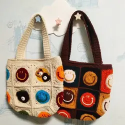 Finished new handmade crochet cute bear smiling face patchwork handbag creative woolen grandmother pattern bag