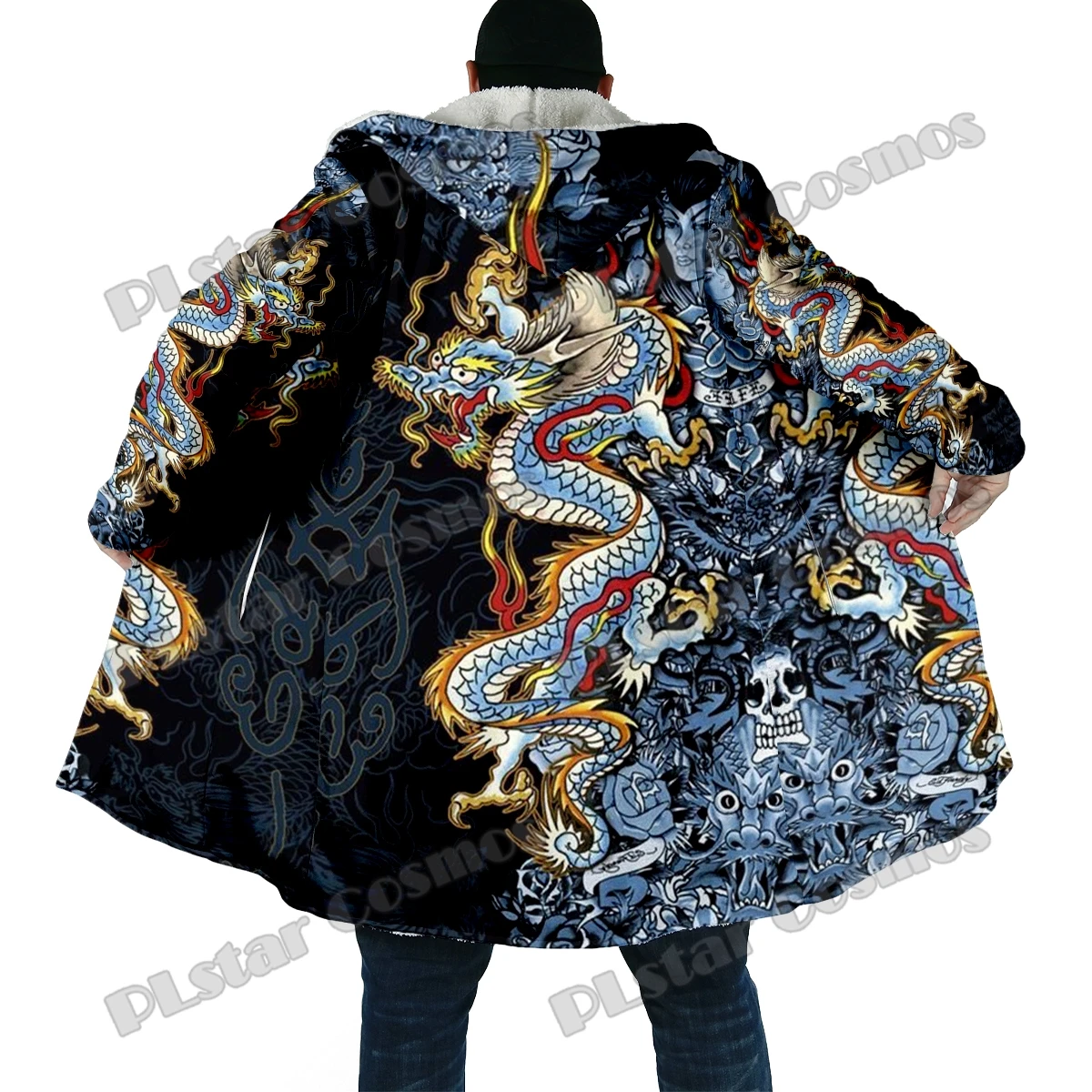 Winter Fashion Men's cloak Dragon Tattoo Pattern 3D All Over Printed Thick Fleece Hooded Cloak Unisex Casual Warm Cape Coat DP46