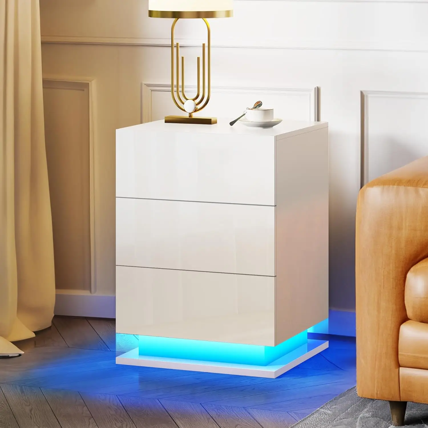 LED Nightstand with 3 drawers,White bedside Table ,Modern End Side Table for Bedroom image 2