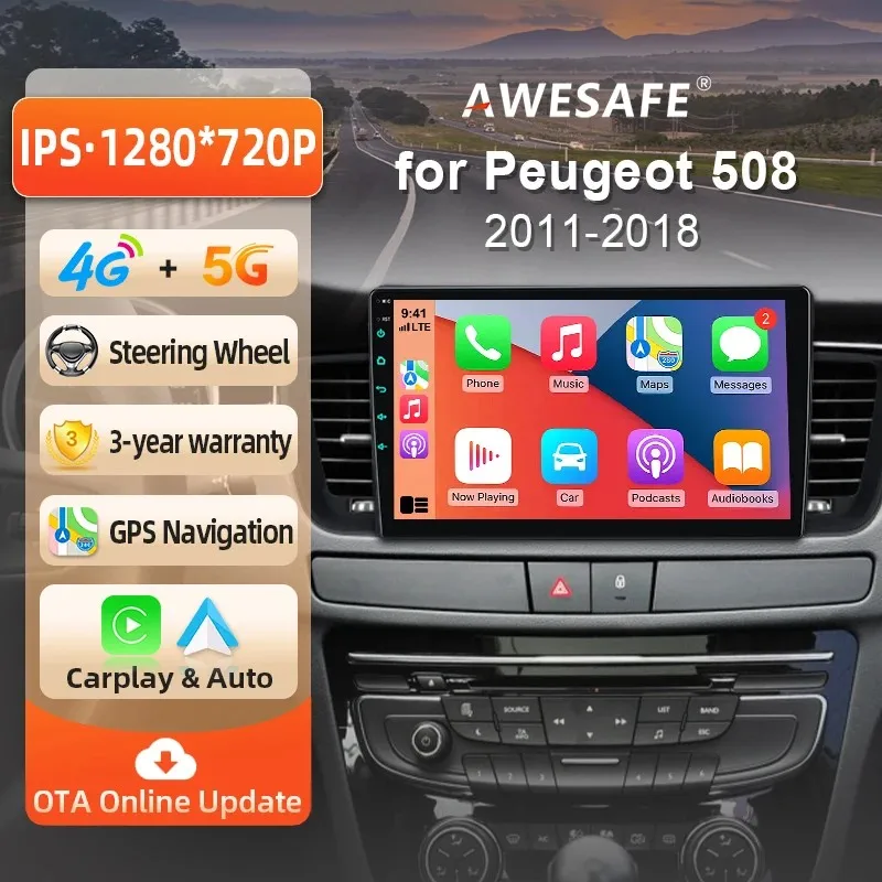 Autoradio sans fil AWESAFE CarPlay Android pour Peugeot 508 2011-2018 avec navigation GPS, Bluetooth, WiFi, démarrage rapide, DSP, FM, Plug & Play