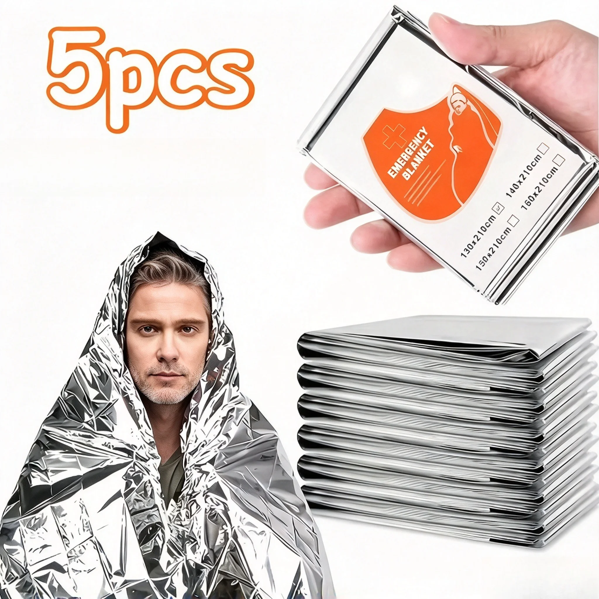 5pcs Emergency Reflective Foil Blankets Portable Thermal Space Blanket Outdoor Body Warmer for Camping Use & First Aid