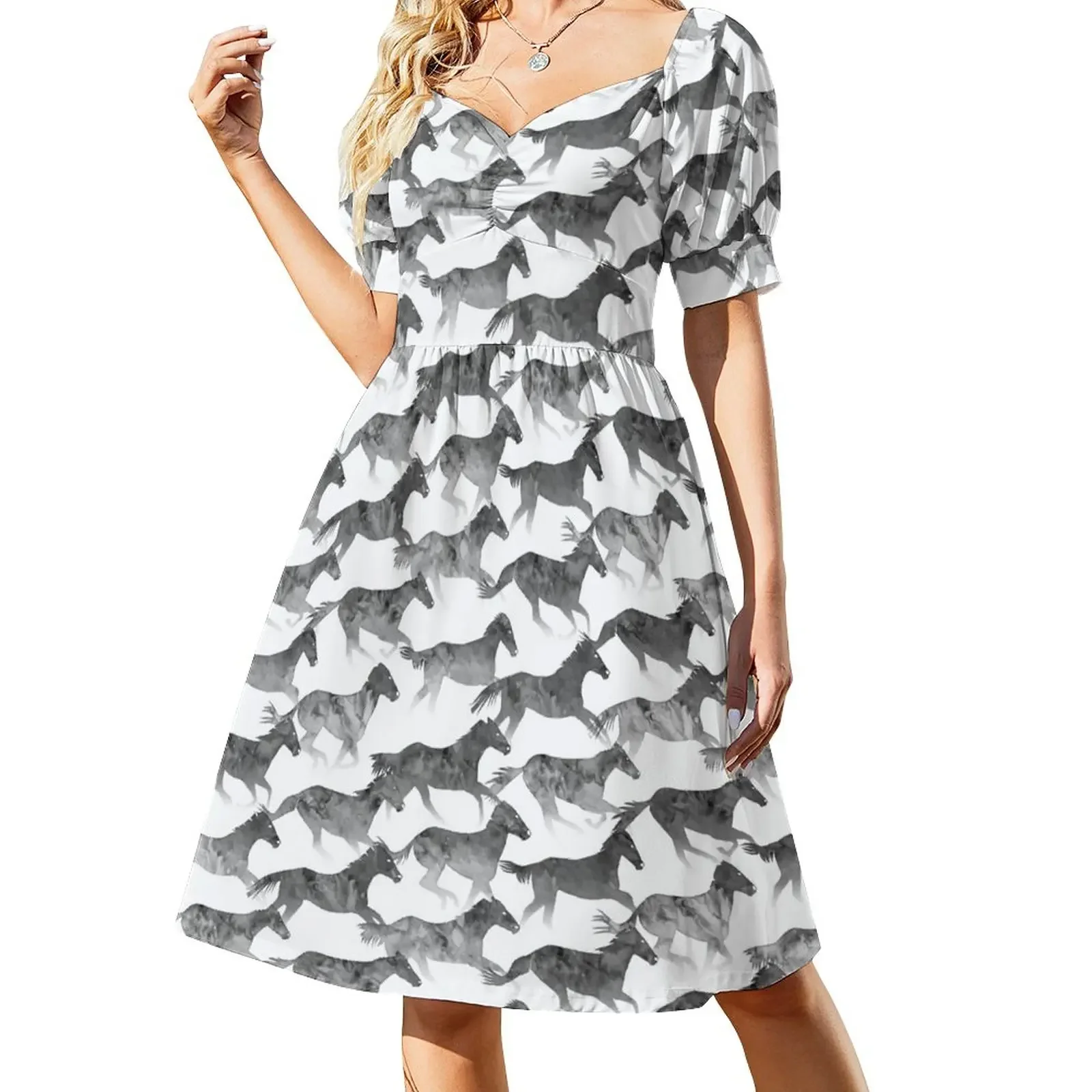 

Watercolor - Running Horses Pattern - Black Ink Short-Sleeved Dress Long dresses elegant guest wedding dress