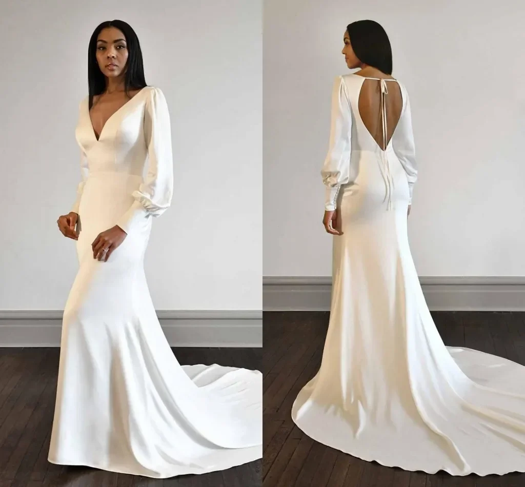 Sexy lange Ärmel Crêpe Fleck Strand Brautkleider V-Ausschnitt rücken frei Sweep Zug Mian Meerjungfrau Brautkleider Vestidos de Novia