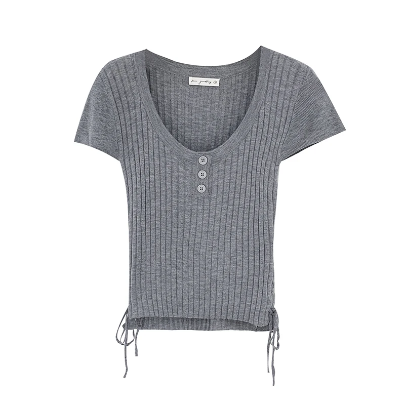 Summer Elastic Short Sleeve Knitted Tops T-Shirts Temperament Cropped Top Women Korean Fashion Skinny Slim-Fit Tees Shirts Girls