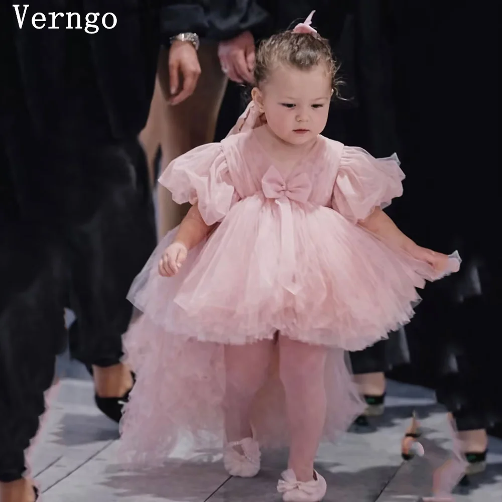 

Verngo Pink Tulle Mini Girl Flowers Dress 3D Flowers A Line Pleated Kid Birthday Party Dress Elegant Prom Gown Eid Customized
