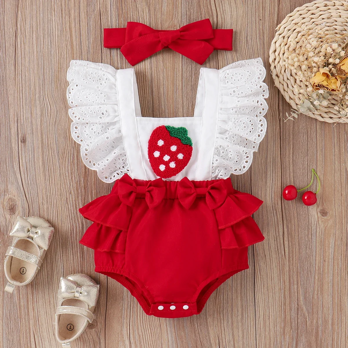 PatPat 2pcs Baby Girl Strawberry Embroidered Bow Front Ruffled Spliced Romper & Headband Set Soft and Comfortable