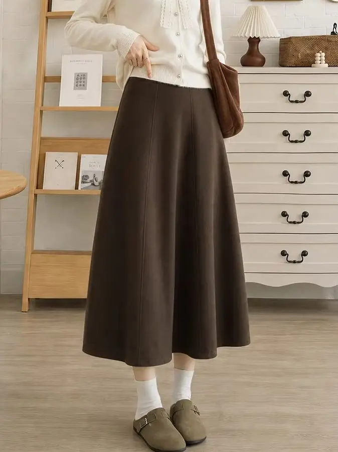 Women's High-Waisted A-Line Mid-Length Wool Pumpkin Skirt Loose-Fitting Thick Skirt Soft Warm Simple Versatile