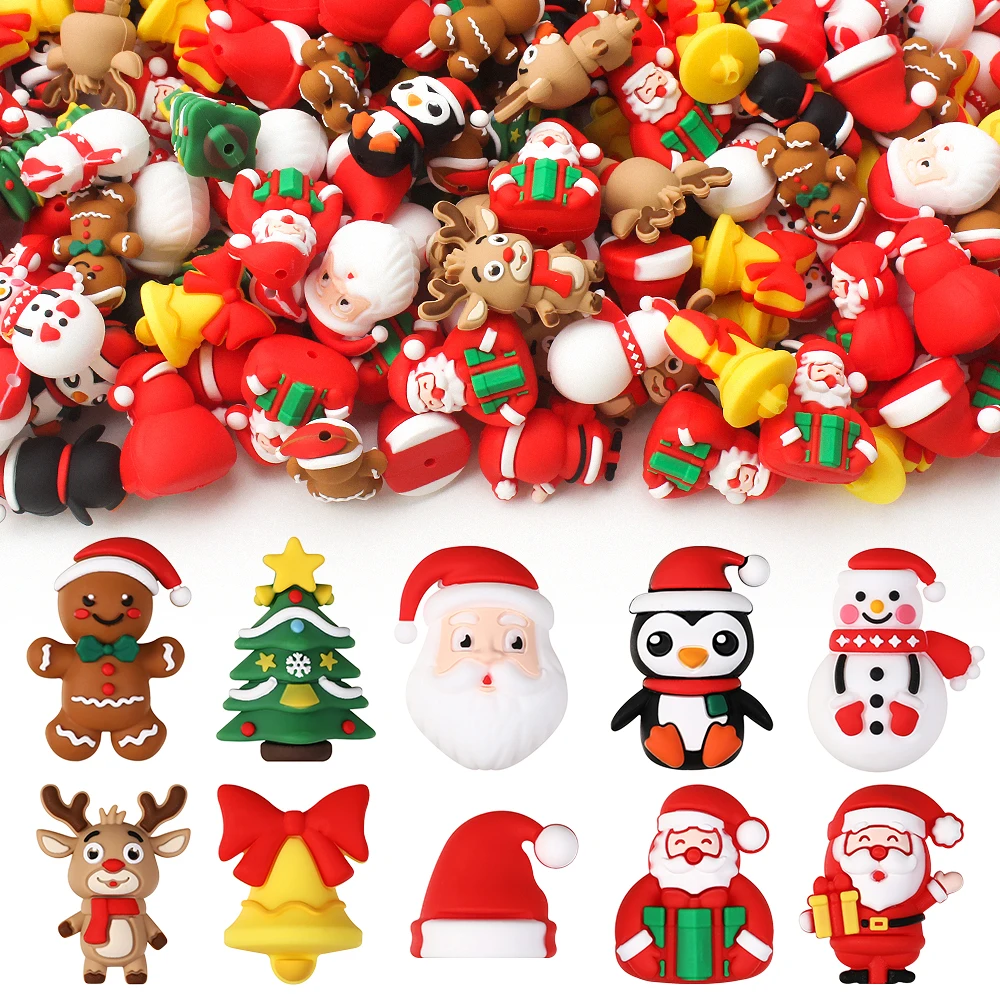 5/10/20pcs Silicone Beads 3D Christmas Theme Santa Claus Christmas Tree Shaped Focal Beads for Jewelry Earrings Pen Making