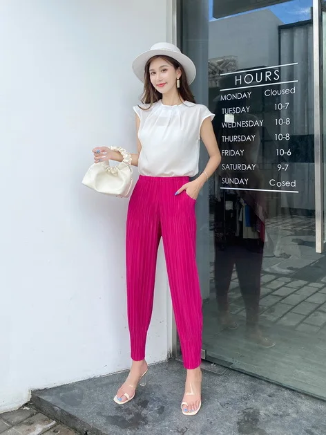 Miyake Summer New Pants Women's Pleated Lily Pleated Leggings Radish Pants Plisse Breathable High Waist Slim Casual Pants