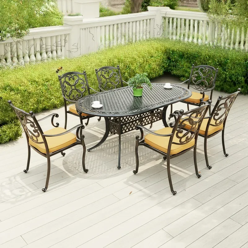 for Outdoor Cast Aluminum Oval Long Dining Table Set with Chairs Large Garden Villa Courtyard Open Air Leisure Furniture Sun