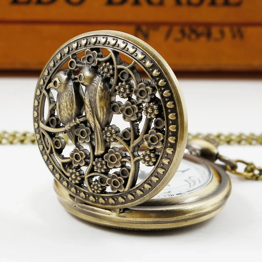 鳥の3D彫刻模様ブロンズ中空チェーンウォッチヴィンテージデジタルスチームパンク懐中時計メンズ時計、フォブチェーン付きギフト