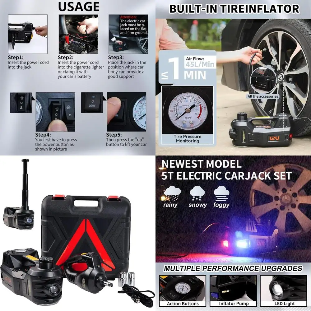 

Portable 12V 5 Ton Electric Hydraulic Car Jack Kit with Impact Wrench and LED Light for SUV, Sedan, and Truck Tire Changes