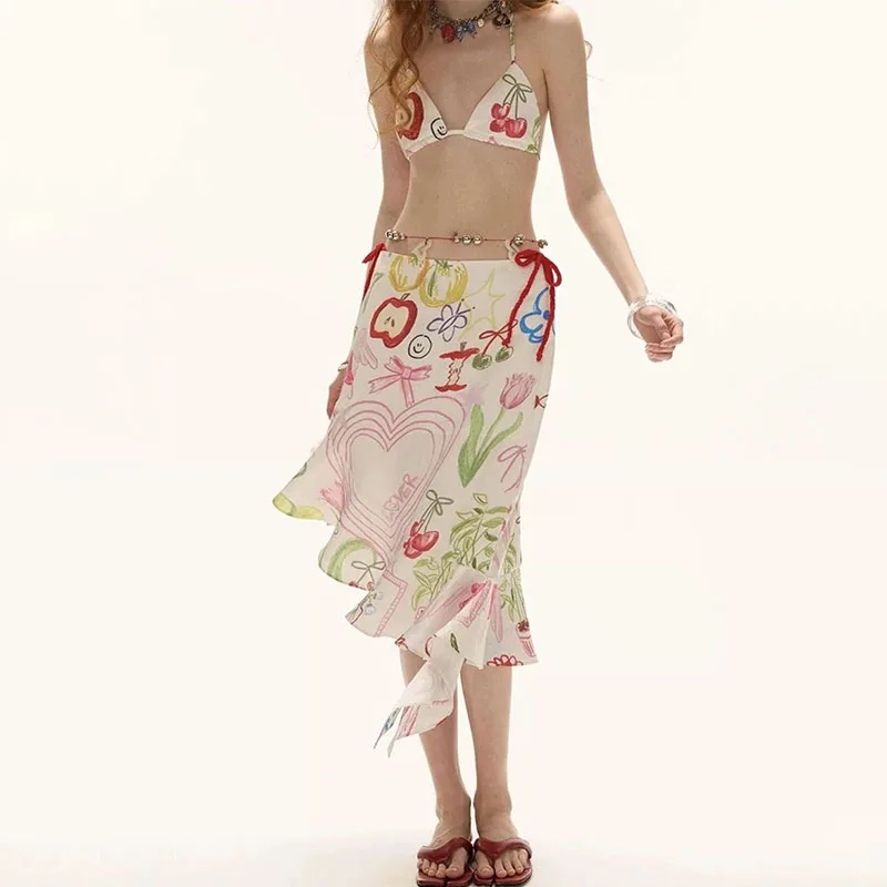 2025 Women's Graffiti Artistry Swimdress Asymmetric Hem Length Swimsuit Sexy Hot Spring Beach Beachwear Hand Drawn Swimsuit