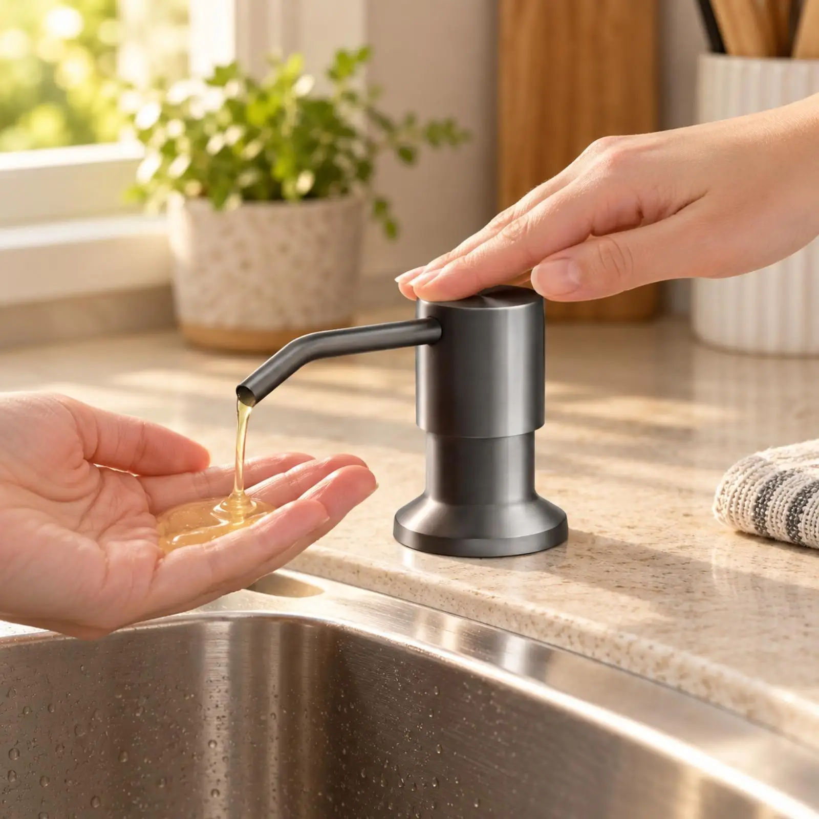 Stainless Steel Kitchen Soap Dispenser for Sink Countertop Built in Refillable Liquid Hand Soap Holder with Pump for Dishwashing