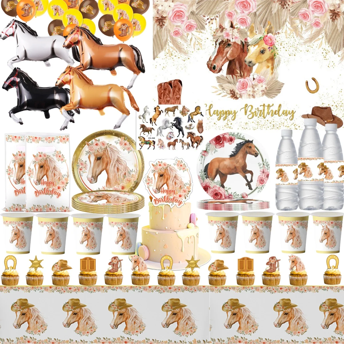 Horse Birthday Party Decorations Wild Horse Disposable Tableware Knight Horse Cup Plate Tablecloth Gift Bag kids Party Supplies