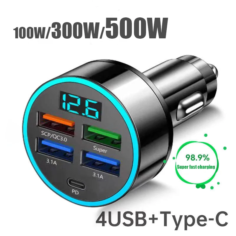 

Used For Car Charger Mobile Phone Cigarette Lighter Conversion Plug Five Hole Super Fast Charging Car USB Interface 100/300/500W