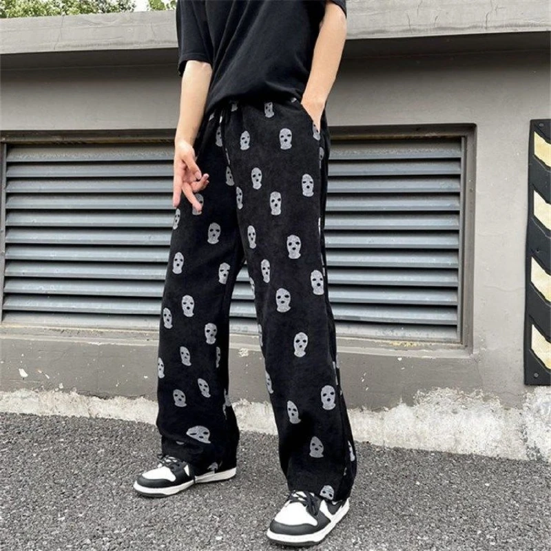 American High Street Fashion Skull All Over Printed Corduroy Casual Pants Loose Straight Elastic Waist Wide Leg for Men Women