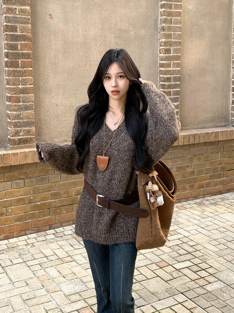 

Винтажный шерстяной свитер Adan с V-образным вырезом, разноцветный, свободный, повседневный, женский, осенний, теплый, утолщенный, с длинными рукавами, круглый вырез