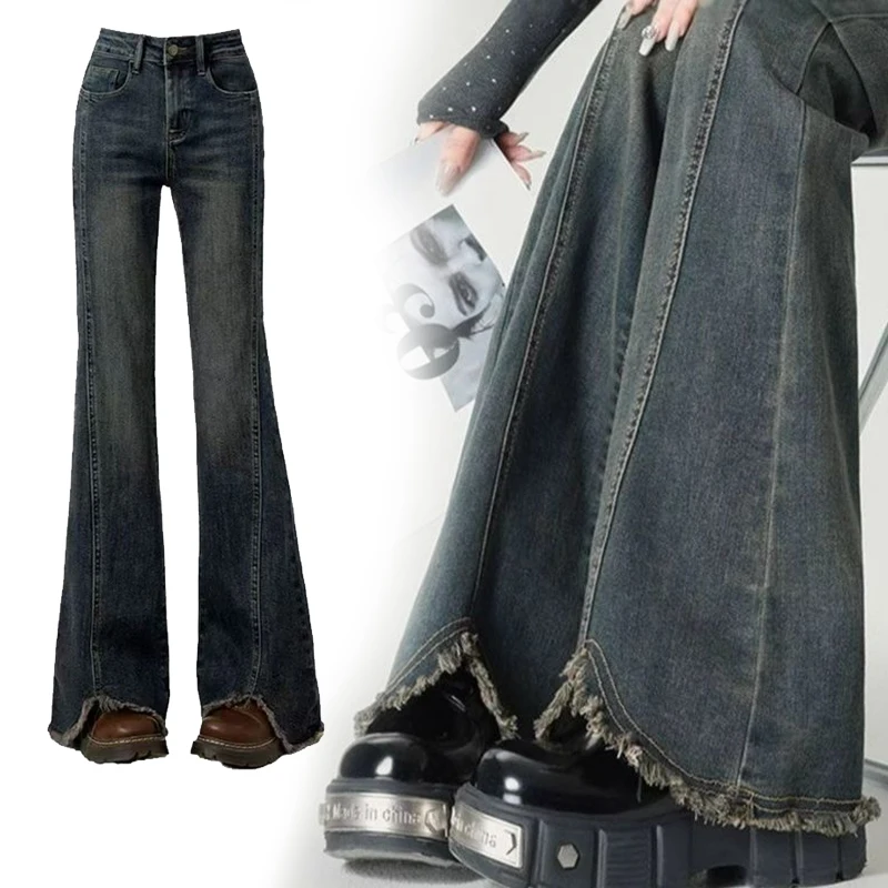 

Расклешенные джинсы с высокой посадкой, эластичные джинсовые джинсы с необработанным подолом и боковым разрезом, винтажная стирка, весна-осень 2026, уникальный облегающий дизайн, корейский стиль