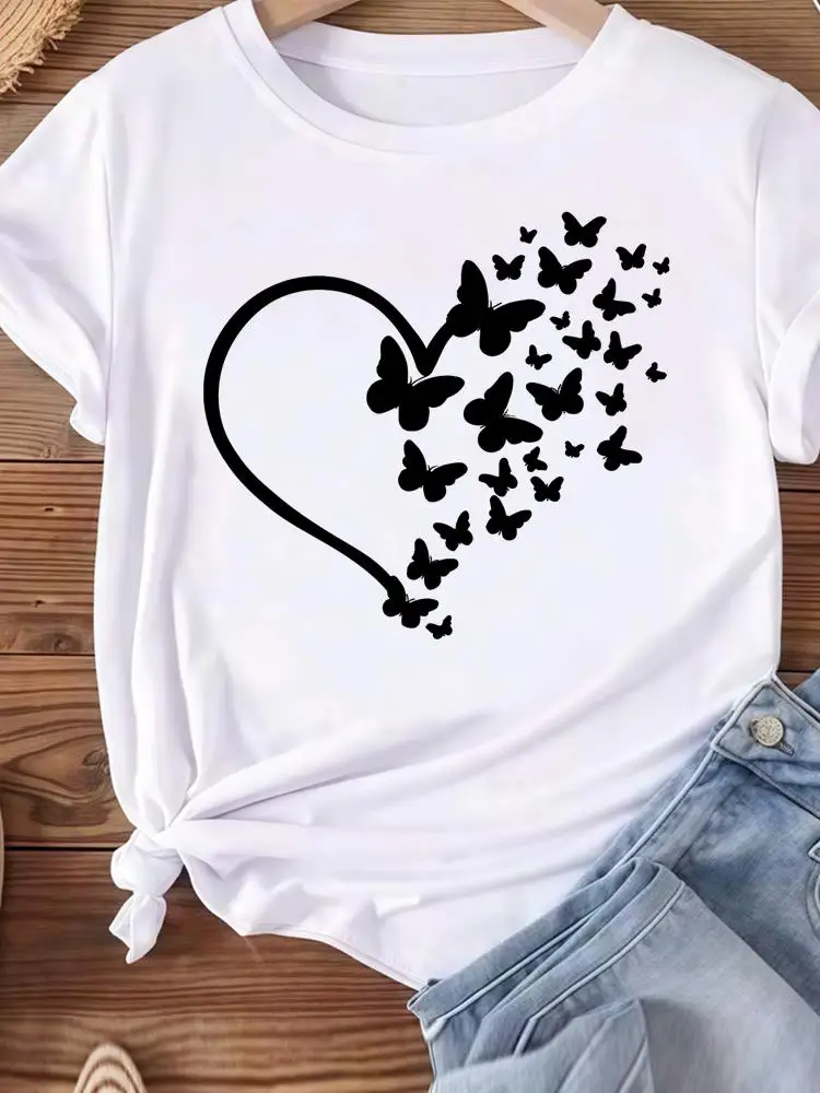 Ladies Popular Casual Feather Flower Cute Women Graphic T Tees Clothing Fashion Clothes Print Short Sleeve O-neck T-shirts