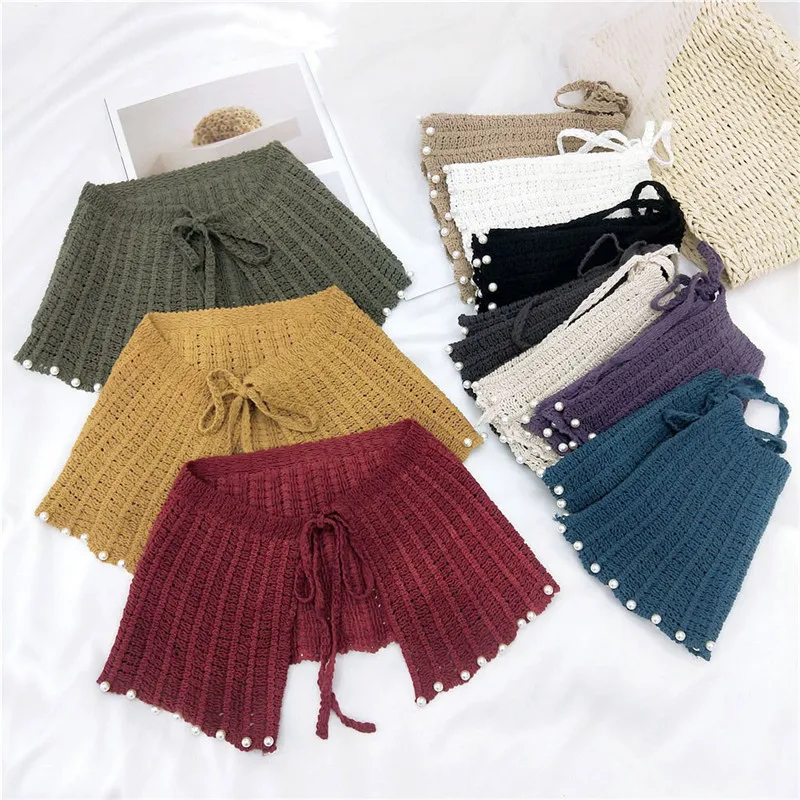 Solid Pearl Weaving Crocheting Pattern Shirts Blouse Sweater Detachable Collars Fake Scarf Shawls Imitation Collar Decoration