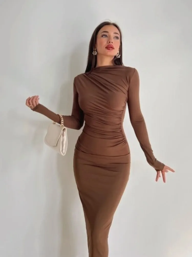 Y2k Solid Color Bodycon Party Long Dress Long Sleeve Package Hip Slim Folds Maxi Dresses For Women Elegant Vestidos Para Mujer