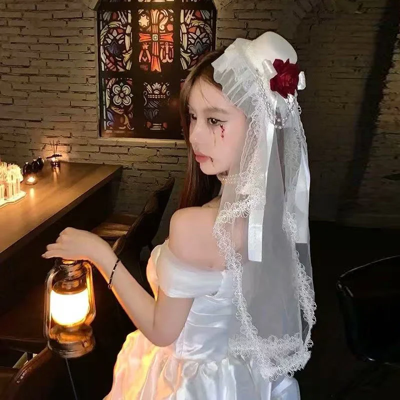 Готическая шифоновая роза, черно-белая женская шляпа в стиле ретро, темная цепочка для свадебной вечеринки, Хэллоуина, косплея, вампира, роскошная шляпа, модные вещи