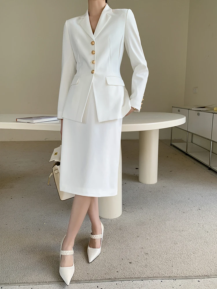 Women Long Sleeve White Suit Set For Spring Summer Office Lady Elegant Business Interview Workwear Skirt Suits Two Pieces Set