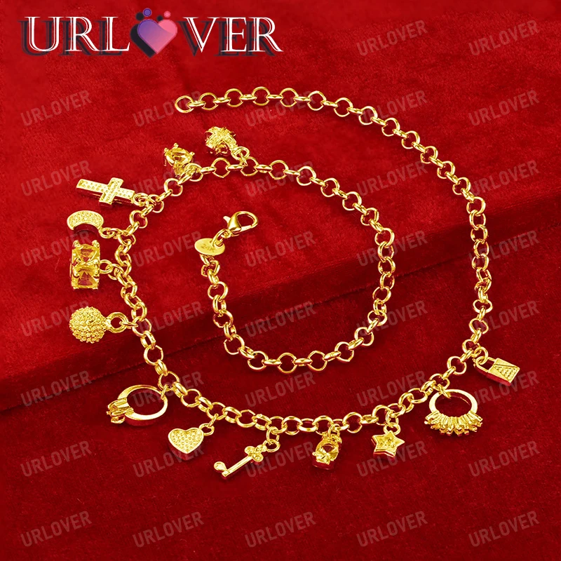 URLOVER 18K Gold Necklaces 925 Sterling Silver Key/Heart/Moon/Star/Ring Chain Necklace For Woman Fashion Party Wedding Jewelry