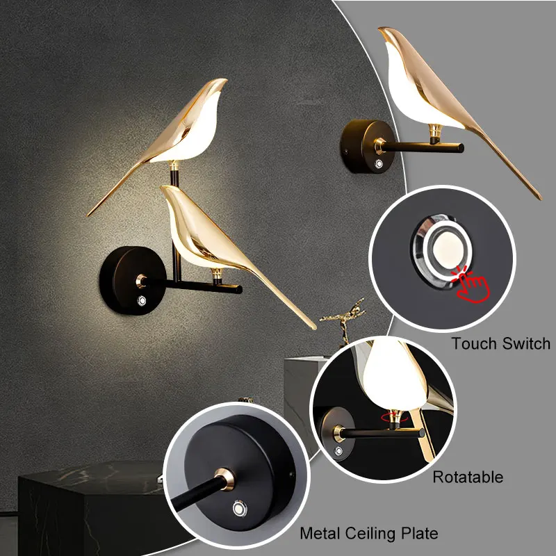 屋内カササギ鳥タッチスイッチledウォールランプ寝室リビングルーム北欧ledウォールライト壁取り付け照明器具廊下通路ハードワイヤード