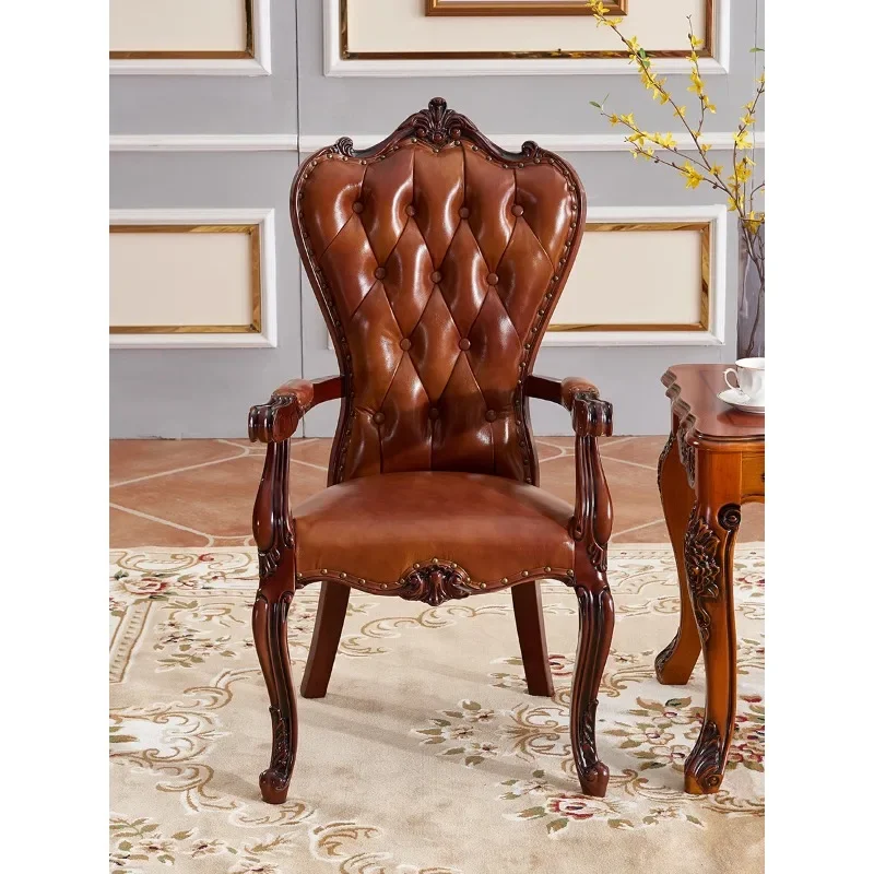 American solid wood armrest chair European leather art soft bag comfortable dining chair sedentary chair study home computer cha