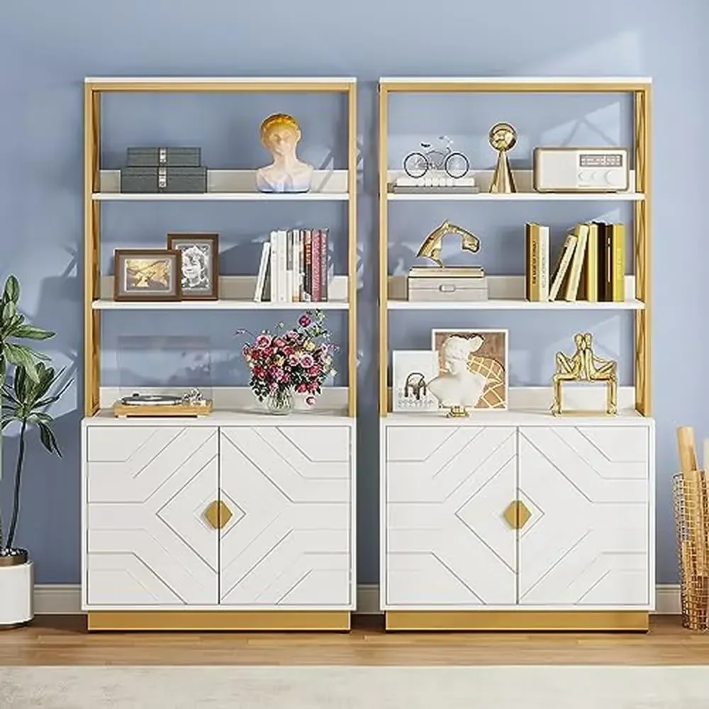 Modern White and Gold Bookshelf Set Elegant Open Display Bookcase with Concealed Cabinets