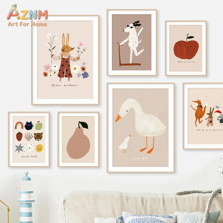 AZNM Neutral Cartoon Animal Canvas Wall Art Duck Rabbit Fox Fruit Floral Positive Text Print Unframed Canvas Painting For Kids N