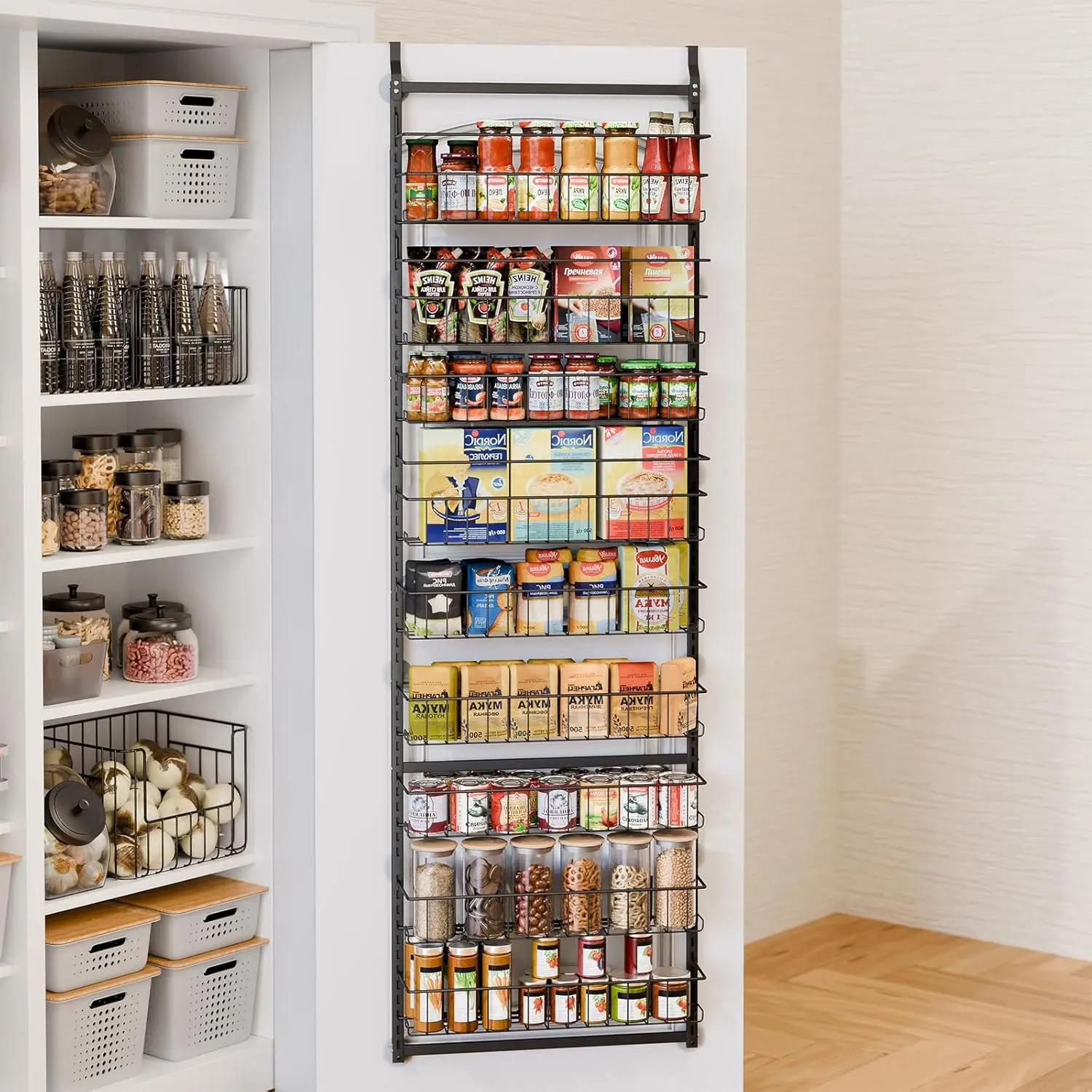 Over The Door Storage Organizer, 6/9 Tier Hanging Shelf Wall Mounted Metal Wire Basket Rack for Pantry Bathroom Kitchen