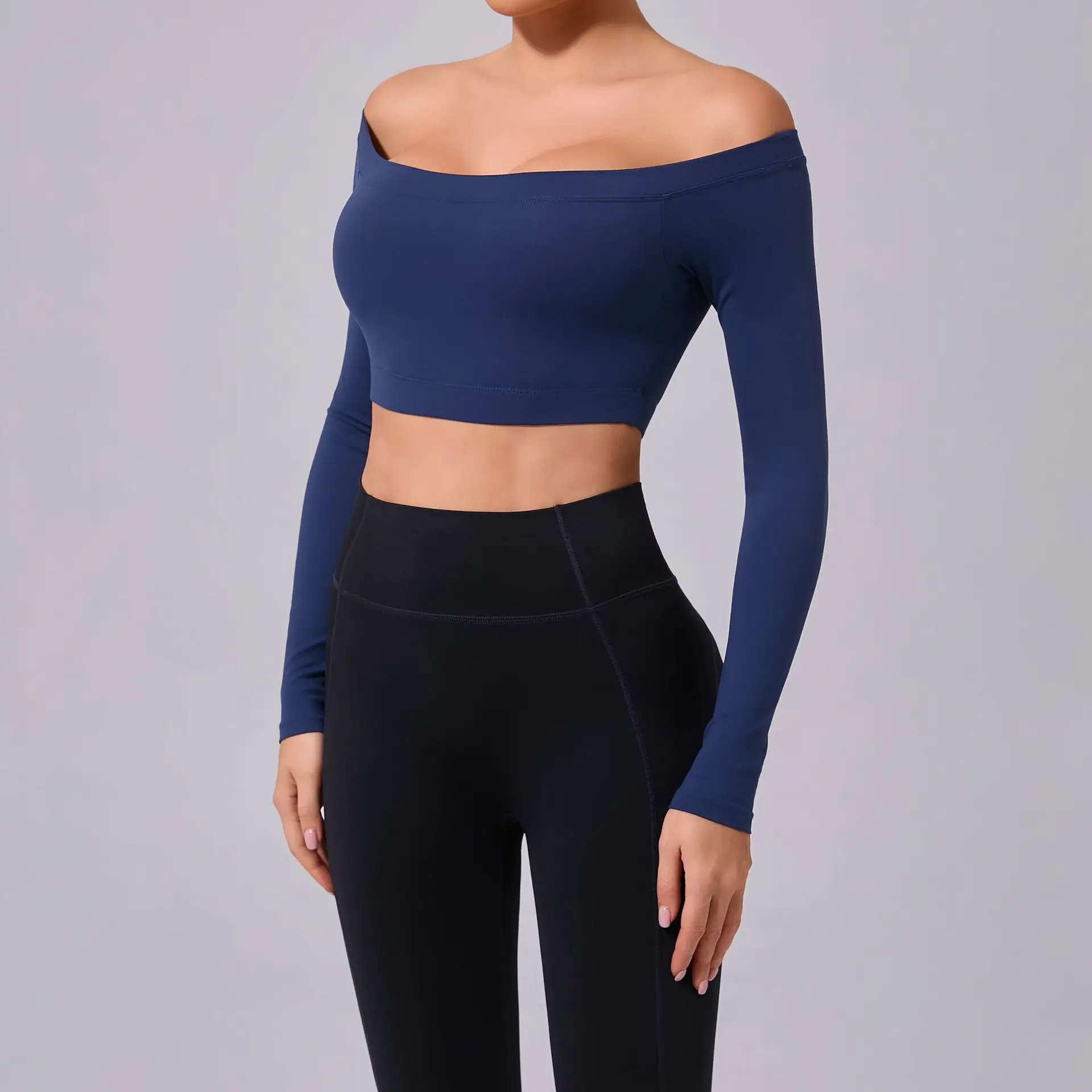 

One shoulder T-shirt, long sleeved yoga suit, women's sandblasted tight fitting fitness suit, paired with a sports running top