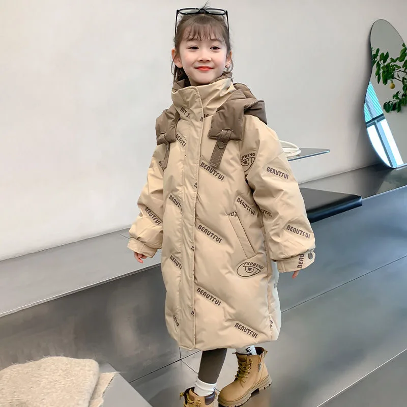 2024 Winter Girls 120-170cm Long Fashion Print Hooded Parkas Kids Zip Jacket Outerwear