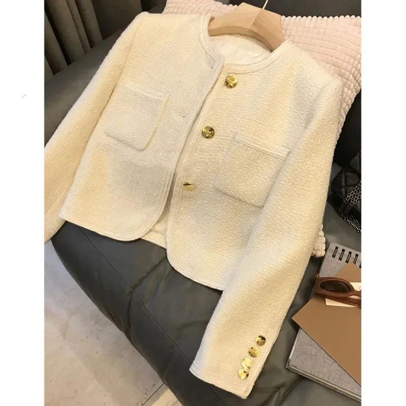 Spring Women Loose Fit Woolen Cloth Outwear 2024 Ladies Round Neck Tweed Wool Suit Jacket Female Solid Color Woolen Blazer Coat