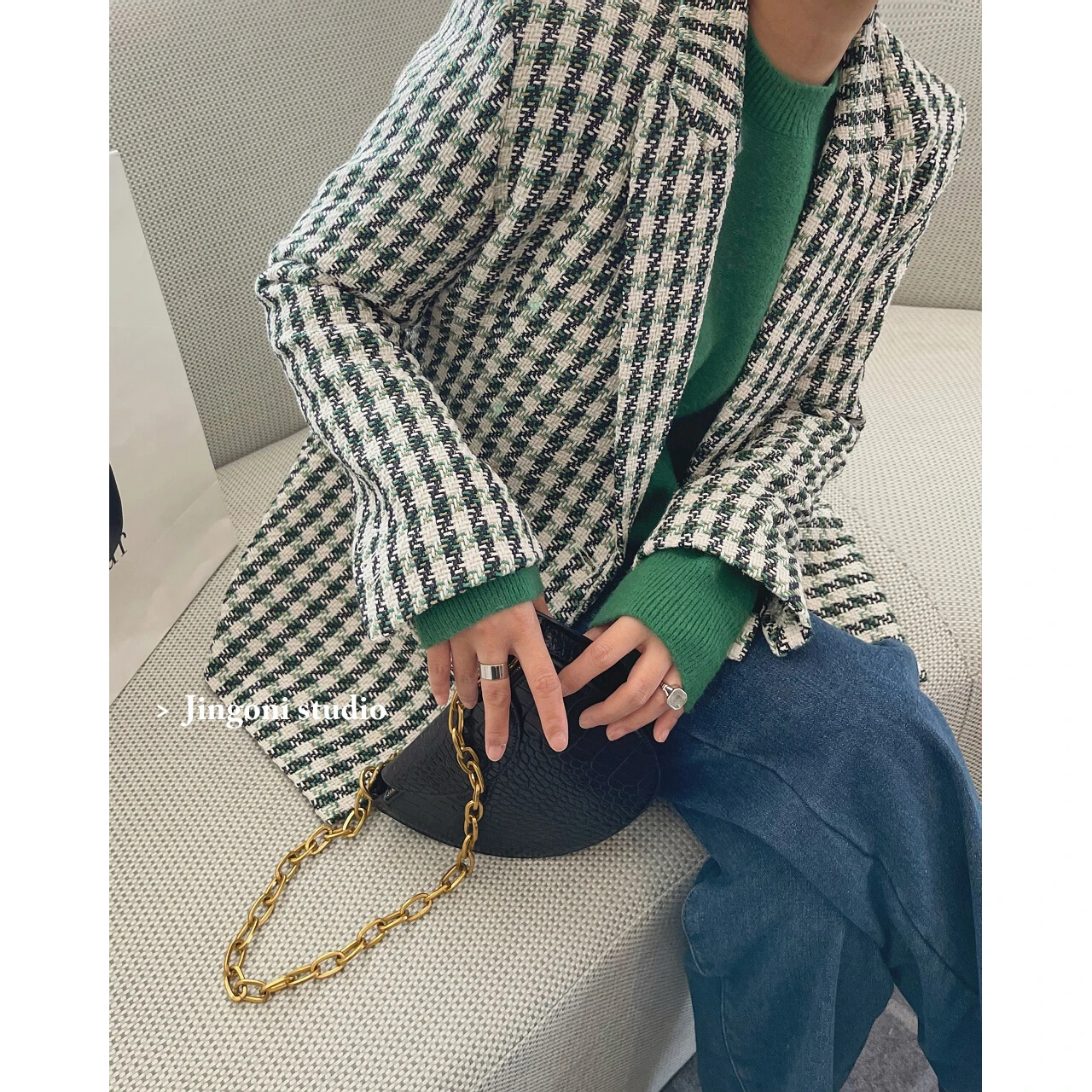 

2023 Woman Oem Woolen Tweed Plaid Oversize Heavy Trench Coats Cardigans Jackets Clothes Korean Fashion Top Vintage Spring Y2K