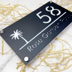 Modern Matt Black Mirror White Personalized Custom Acrylic Palms Tree Seaside House Number Sign Plate Address Name Door Plaque