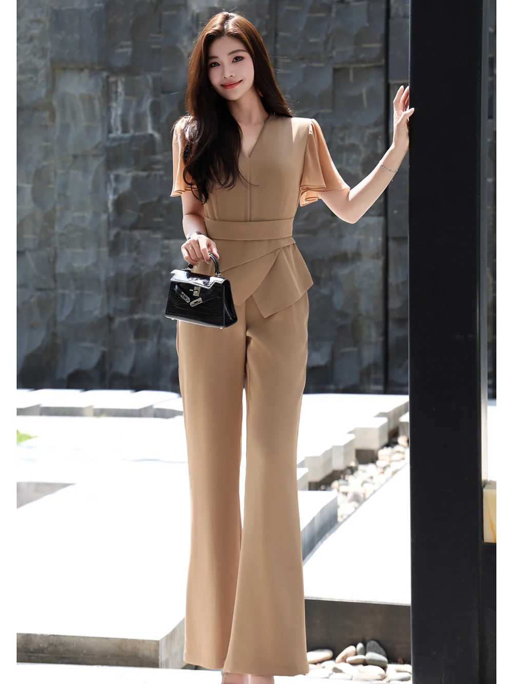 

Elegant Goddess Style One-Piece Pants Women's Summer Thin Fake Two-Piece Lace Sleeve Waist-Cinching Long Pants