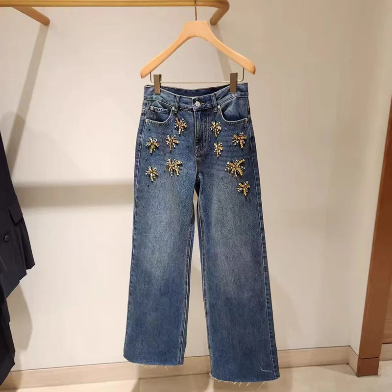 【Gift Free】Women Blue Embroidered Denim Jeans 2025 Fall Winter 3D Rhinestone Beaded Firework Wash Pants